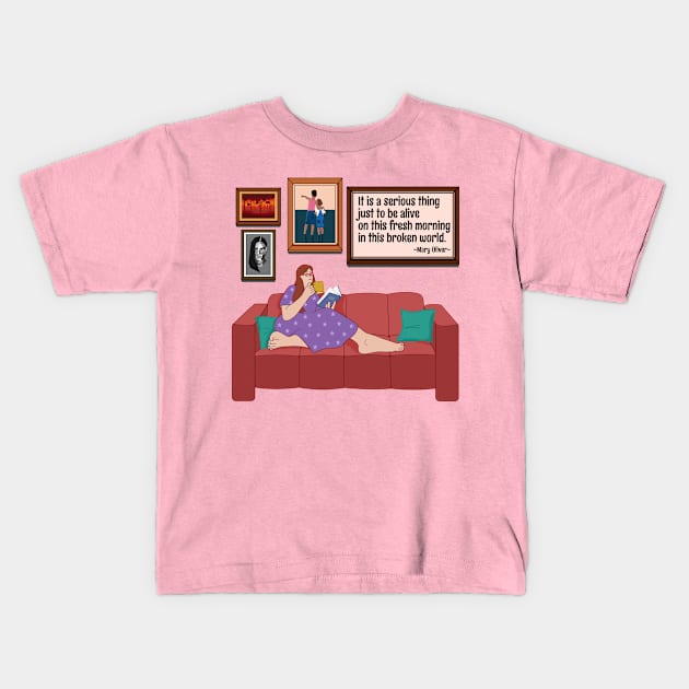Woman Reading and Having Coffee Kids T-Shirt by RoeArtwork